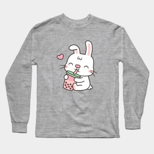 Cute Little White Bunny Enjoying Boba Tea Long Sleeve T-Shirt